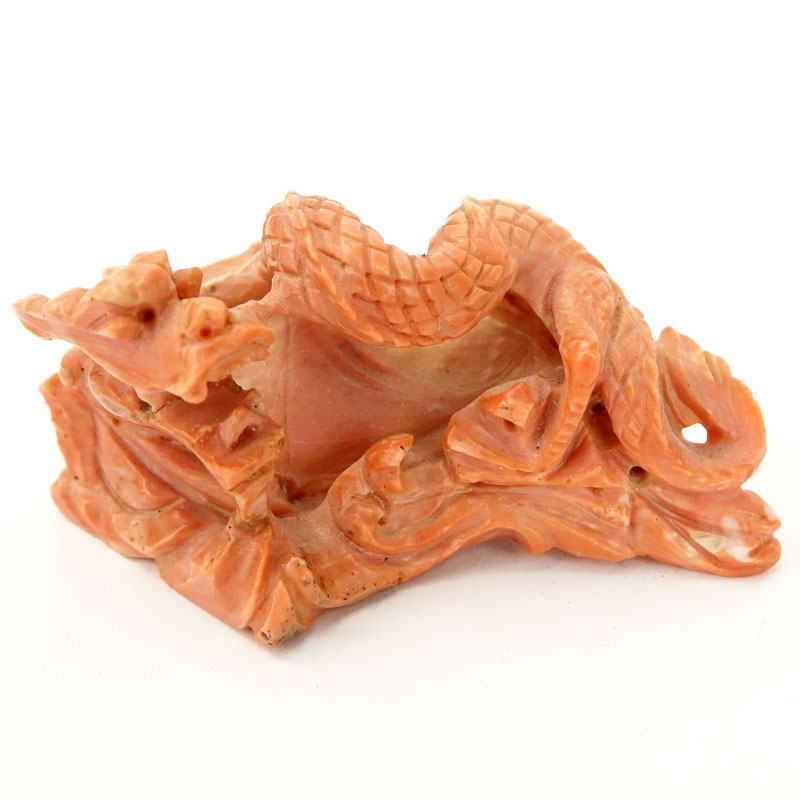 Vintage Chinese Carved Coral Dragon Figure. Unsigned. Small Loss. Measures 1-1/2" H x 2-3/4" L. - Image 2 of 6