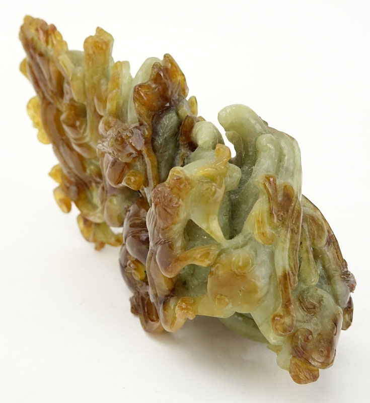 Chinese Jade Salamanders and Dragons Figural Carving. Light green with dark amber color splashes. - Image 5 of 9