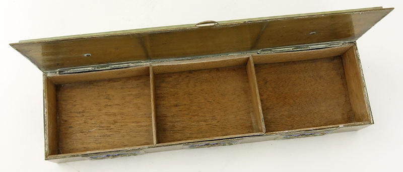 Antique Chinese Brass and Enamel Box with Carved Jade Top. Lined wooden interior. Brass surface is - Image 5 of 8