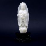 19/20th Century Chinese Carved White Jade Figurine of Guanyin on Wooden Base. Natural wear otherwise