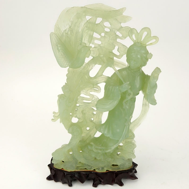 Chinese Carved Jadeite Guanyin Figurine on Wooden Base. Nicely detailed with pheasants. Natural