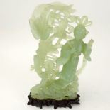 Chinese Carved Jadeite Guanyin Figurine on Wooden Base. Nicely detailed with pheasants. Natural
