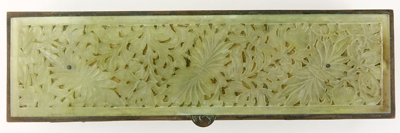 Antique Chinese Brass and Enamel Box with Carved Jade Top. Lined wooden interior. Brass surface is - Image 8 of 8