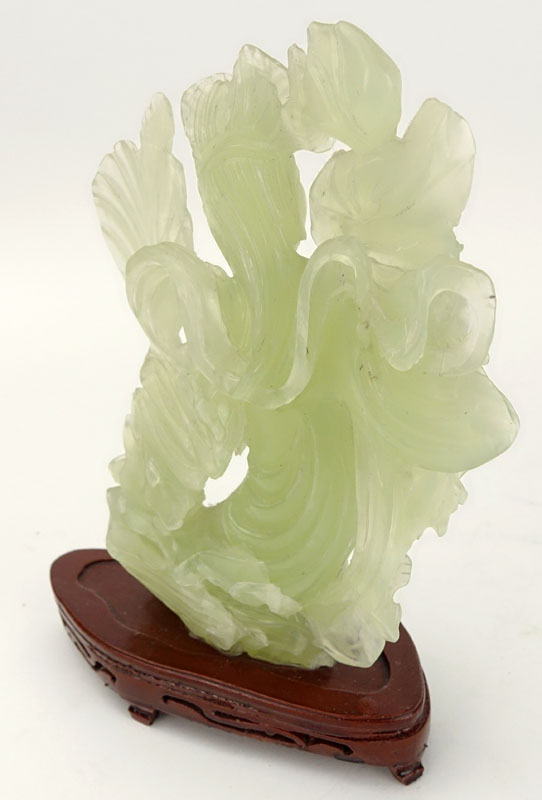 Chinese Carved Jadeite Guanyin Figurine on Wooden Base. Natural cracks and inclusions or else good - Image 5 of 7