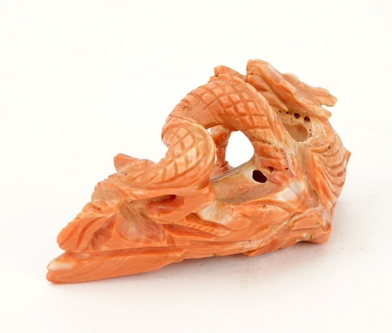 Vintage Chinese Carved Coral Dragon Figure. Unsigned. Small Loss. Measures 1-1/2" H x 2-3/4" L. - Image 4 of 6