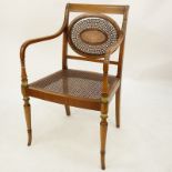 Antique George III Style Caned and Carved Wood Armchair. Inlaid still life motif en centre of back