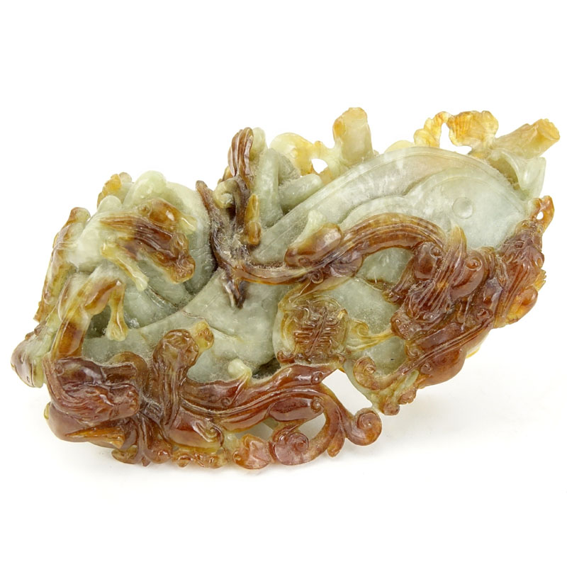 Chinese Jade Salamanders and Dragons Figural Carving. Light green with dark amber color splashes. - Image 7 of 9