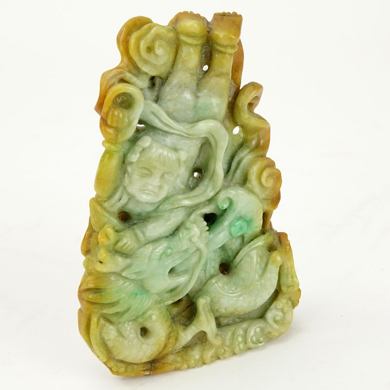 Chinese Jade Dragon with Figure Carving. Light green with amber color splashes. Natural wear or else - Image 2 of 7