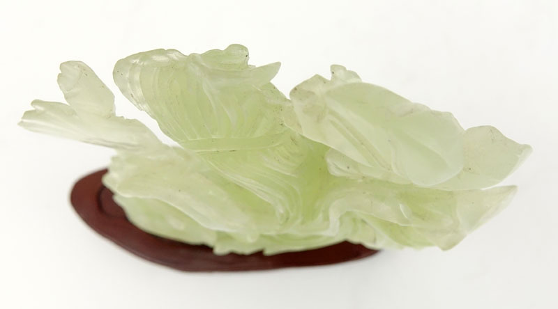 Chinese Carved Jadeite Guanyin Figurine on Wooden Base. Natural cracks and inclusions or else good - Image 6 of 7