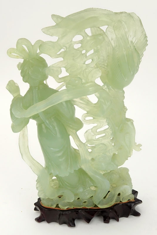Chinese Carved Jadeite Guanyin Figurine on Wooden Base. Nicely detailed with pheasants. Natural - Image 5 of 7