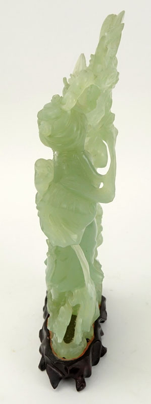 Chinese Carved Jadeite Guanyin Figurine on Wooden Base. Nicely detailed with pheasants. Natural - Image 4 of 7