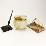 Three Onyx Desk Accessories. Includes lidded jar with gilt metal mountings. letter holder, pen