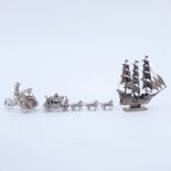 Grouping of Three (3) Silver Miniatures. Includes: 900 silver rickshaw figurine (stamped), English