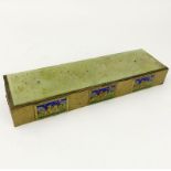 Antique Chinese Brass and Enamel Box with Carved Jade Top. Lined wooden interior. Brass surface is