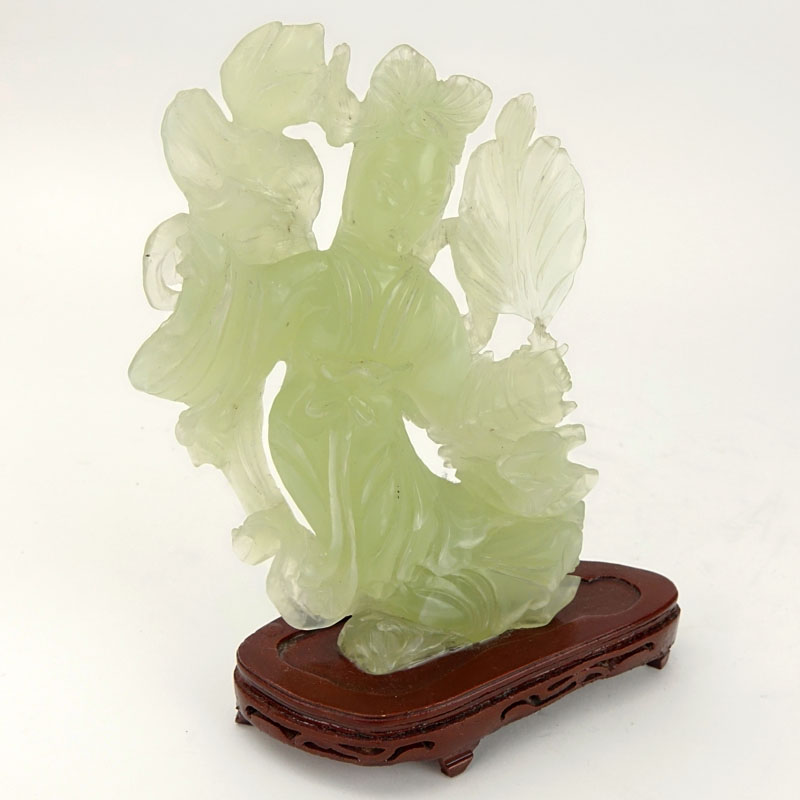Chinese Carved Jadeite Guanyin Figurine on Wooden Base. Natural cracks and inclusions or else good - Image 2 of 7