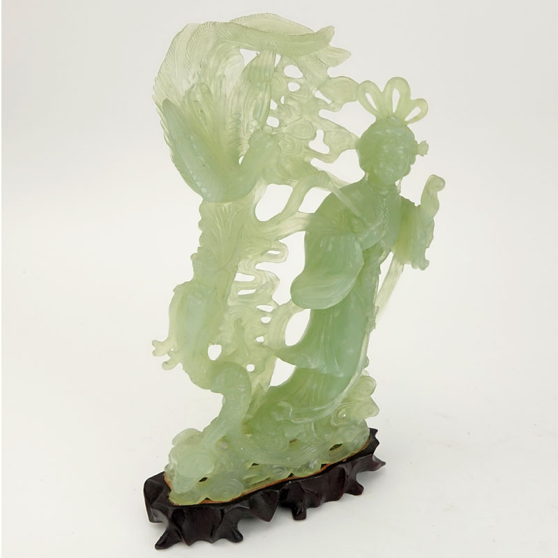 Chinese Carved Jadeite Guanyin Figurine on Wooden Base. Nicely detailed with pheasants. Natural - Image 2 of 7