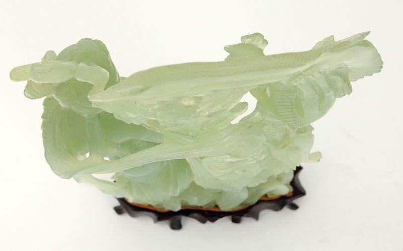 Chinese Carved Jadeite Guanyin Figurine on Wooden Base. Nicely detailed with pheasants. Natural - Image 6 of 7