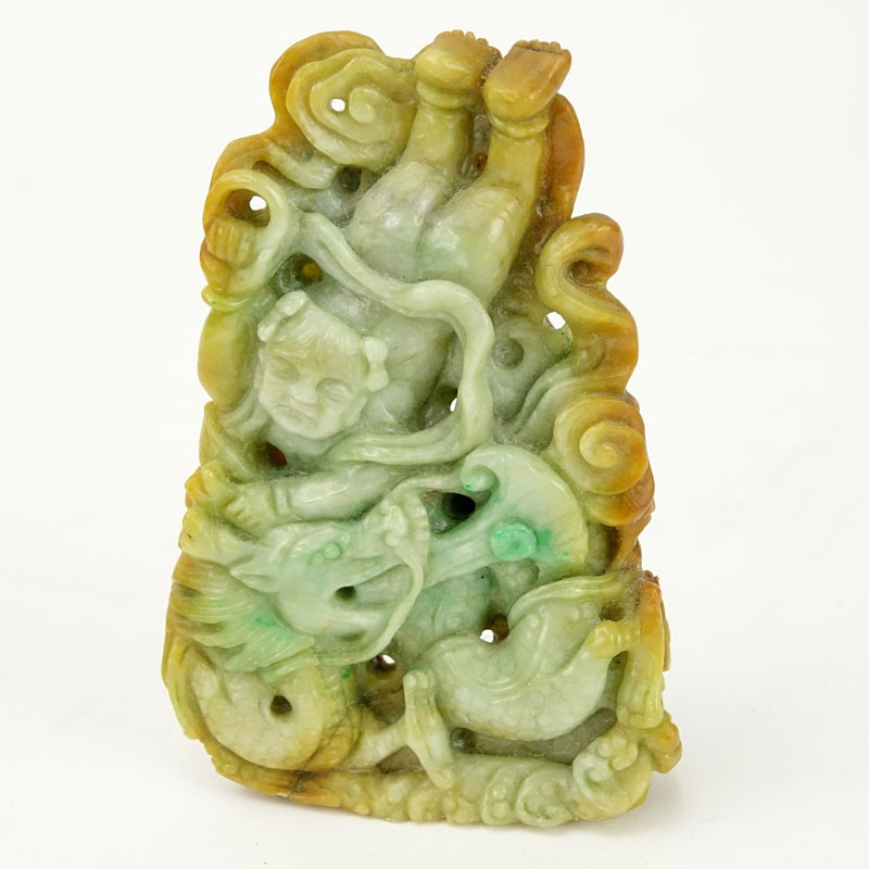 Chinese Jade Dragon with Figure Carving. Light green with amber color splashes. Natural wear or else
