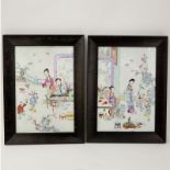 Pair of Vintage Chinese Famille Rose Hand Painted Porcelain Plaques. Each depicting scenes of