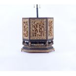 19/20th Century Chinese Carved Giltwood and Black Painted 6 Side Table Lamp. Raised relief panels of
