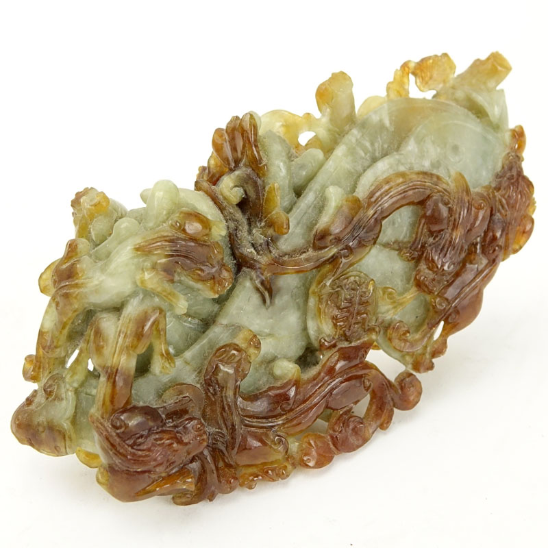 Chinese Jade Salamanders and Dragons Figural Carving. Light green with dark amber color splashes. - Image 2 of 9