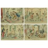 Set of Four (4) Hand Colored Color Engravings. Each depicts a satirical medical procedure. Includes: