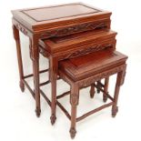 Vintage Chinese Carved Hardwood Nesting Tables. This group of 3 are decorated with inlay and