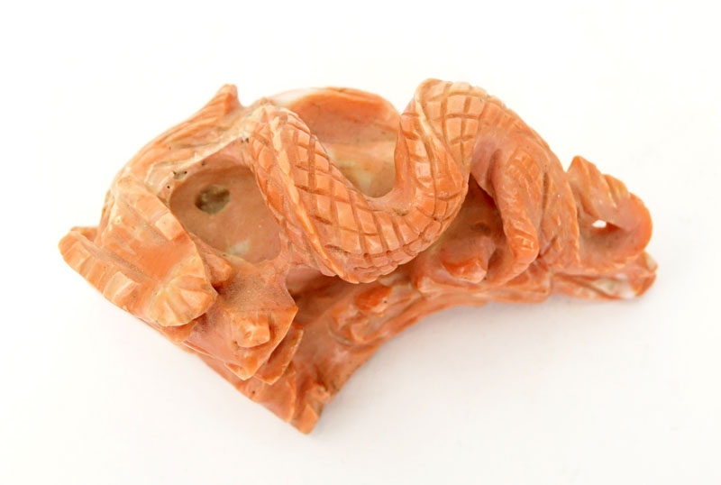 Vintage Chinese Carved Coral Dragon Figure. Unsigned. Small Loss. Measures 1-1/2" H x 2-3/4" L. - Image 3 of 6