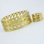 18 Karat Yellow Gold and Pave Set Diamond Cuff Bangle Bracelet with Pin-lock and Ring Suite. All