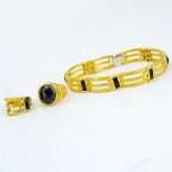 Vintage Prima Gold 24 Karat Fine Yellow Gold and Onyx Bracelet and Two Rings Suite. One ring is