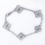 Van Cleef & Arpels Style Diamond and 18 Karat White Gold "Alhambra" Bracelet. Stamped 750 to