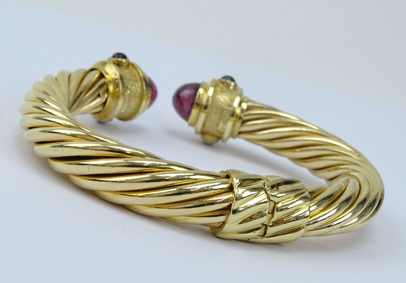 Vintage David Yurman 14 Karat Yellow Gold Cable Hinged Cuff Bangle Bracelet with Cabochon Rubelite - Image 2 of 4