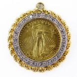 2001 U.S. Liberty $5 Fine Gold Coin in 14 Karat Yellow Gold Pendant with Diamond Bezel. Coin stamped