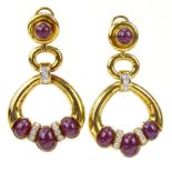 Cabochon Burma Ruby, Diamond and 18 Karat Yellow Gold Pendant Earrings. Excellent quality stones