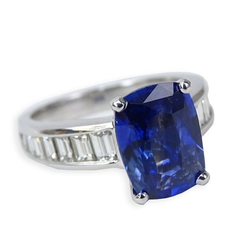 Approx. 3.47 Carat Cushion Cut Sapphire, .75 Carat Baguette Cut Diamond and 18 Karat White Gold