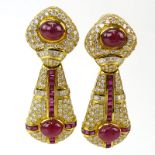 Very Fine Quality Burma Ruby, Diamond and 18 Karat Yellow Gold Pendant Earrings. Excellent quality