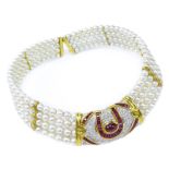 Fine Quality Burma Ruby, Pave Set Diamond, Pearl and 18 Karat Yellow Gold Four (4) Strand Flexible