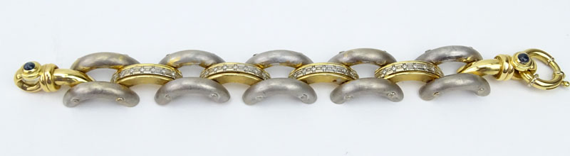 Italian 18 Karat Two Tone Gold, Diamond and Cabochon Sapphire Link Bracelet. Signed and stamped 18k, - Image 2 of 5