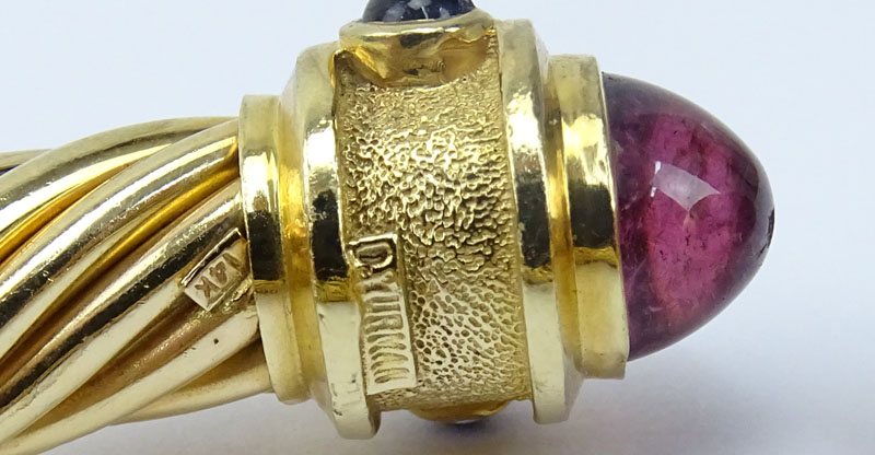 Vintage David Yurman 14 Karat Yellow Gold Cable Hinged Cuff Bangle Bracelet with Cabochon Rubelite - Image 3 of 4