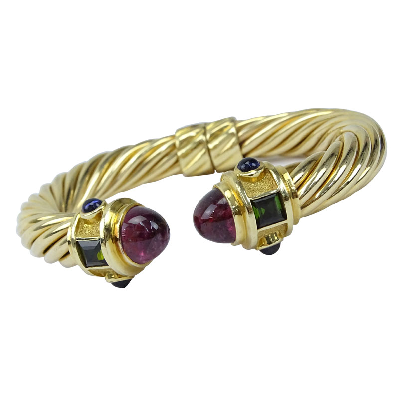 Vintage David Yurman 14 Karat Yellow Gold Cable Hinged Cuff Bangle Bracelet with Cabochon Rubelite