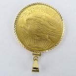 1908 U.S. Walking Liberty $20 Gold Coin in 14 Karat Yellow Gold Pendant. Stamped 14k on pendant.