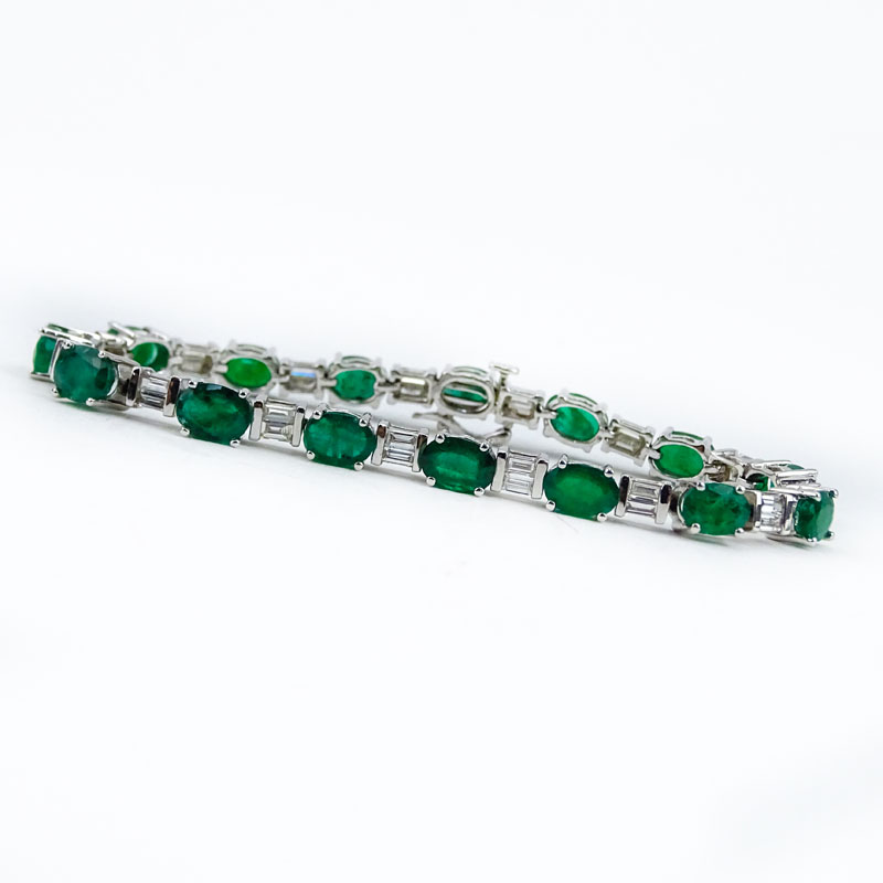 12.48 Carat Oval Cut Emerald, 1.80 Carat Baguette Cut Diamond and 14 Karat White Gold Bracelet