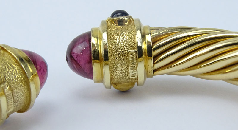 Vintage David Yurman 14 Karat Yellow Gold Cable Hinged Cuff Bangle Bracelet with Cabochon Rubelite - Image 4 of 4