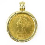 1897 U.S. Ten Dollar Gold Coin and 14 Karat Yellow Gold Pendant Accented with Round Cut Diamonds.