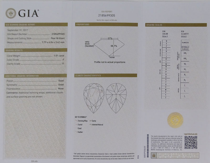 Two (2) GIA Certified Antique Pear Shape Diamonds. 1.01 Carat, F color, I1 clarity; 1.12 carat, E - Image 6 of 6