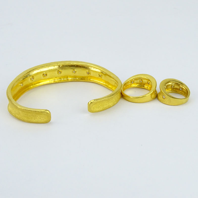 Vintage 24 Karat Fine Yellow Gold and Diamond Cuff Bangle Bracelet and Two Rings Suite. All - Image 2 of 5
