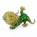 Vintage Italian Heavy 18 Karat Yellow Gold, Enamel and Diamond Chinese Dragon Brooch