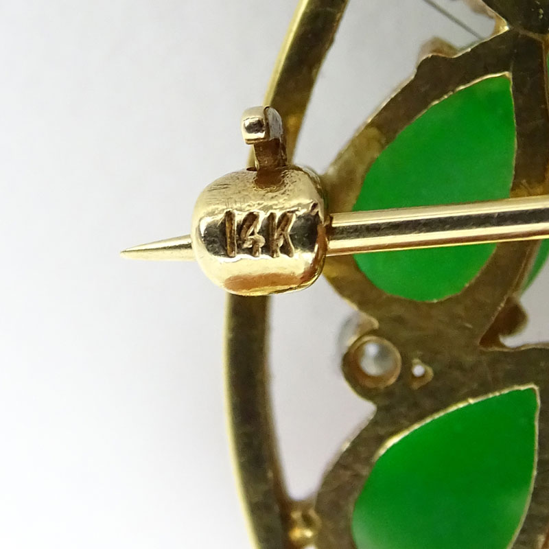 Tiffany & Co Diamond, Ruby, Jade and 14 Karat Yellow Gold Brooch. Signed, stamped 14K. Good - Image 4 of 4