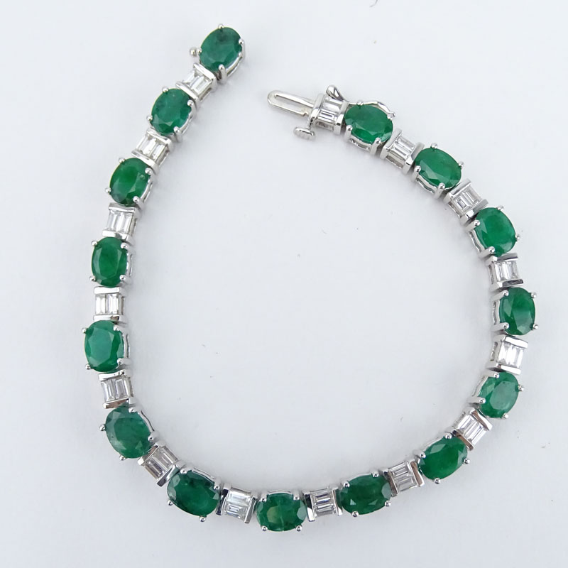 12.48 Carat Oval Cut Emerald, 1.80 Carat Baguette Cut Diamond and 14 Karat White Gold Bracelet - Image 2 of 4