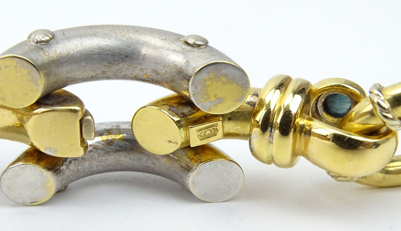 Italian 18 Karat Two Tone Gold, Diamond and Cabochon Sapphire Link Bracelet. Signed and stamped 18k, - Image 4 of 5